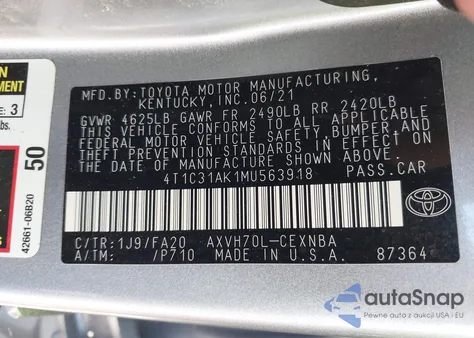 2021 Toyota Camry Le Hybrid from USA, damaged, VIN 4T1C31AK1MU563918